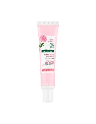 Klorane Crema calmante rica de peonía orgánica Piel sensible y seca, 40 ml