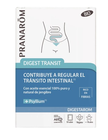 Pranarom Digest Transit  Fluidez de las Heces  Aceite Esencial de Jengibre y Psilio BIO  Vegano,  10 sobres