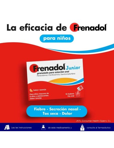 Frenadol Junior Antigripal, Alivio para niños, Sabor Naranja, Vía Oral, 10 sobres