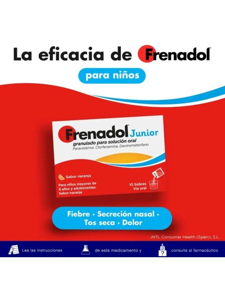 Frenadol Junior Antigripal, Alivio para niños, Sabor Naranja, Vía Oral, 10 sobres