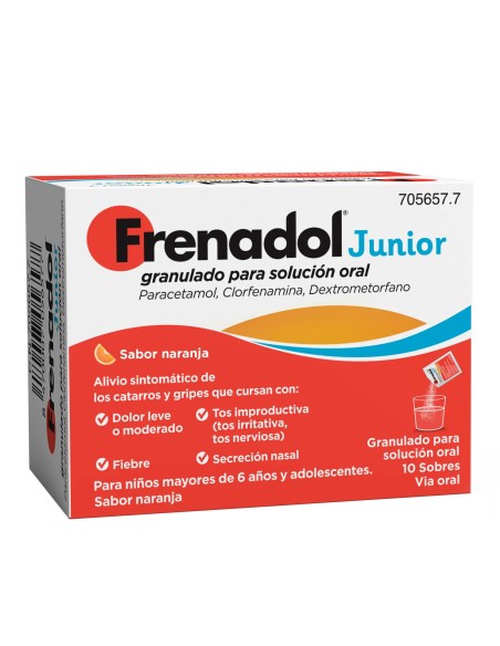 Frenadol Junior Antigripal, Alivio para niños, Sabor Naranja, Vía Oral, 10 sobres
