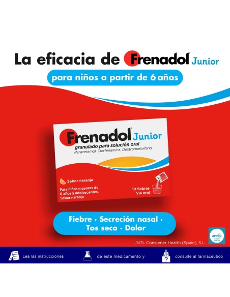 Frenadol Junior Antigripal, Alivio para niños, Sabor Naranja, Vía Oral, 10 sobres