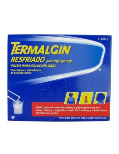 Termalgin Resfriado 500/30 mg Polvo para Solución Oral, 10 Sobres